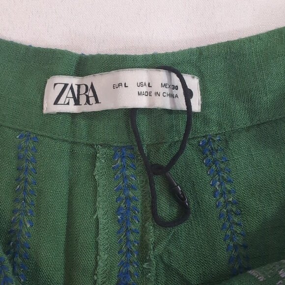 Zara Green Embroidered Leaves Skirt Linen Blend Womens L Large Long Maxi - Picture 7 of 15